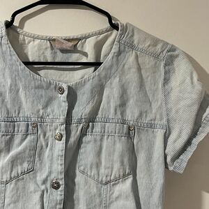 Teddi Vtg Denim Pinstripe Shirt Womens PM Short Sleeve Cinched Back‎ Button Up